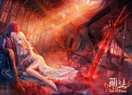 Fantasy couple - beauty, couple, girl, frumusete, fantasy, fufu, game, man, luminos, red, guy