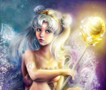 Serenity - girl, fantasy, ksulolka, serenity, sailor moon, art, yellow, blue, luminos, anime, manga