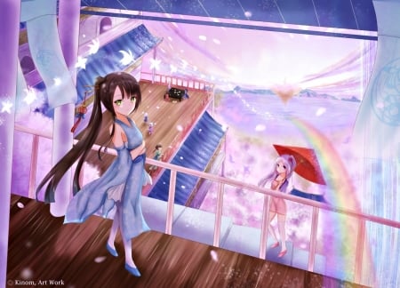 The rainbow - rainbow, girl, red, blue, umbrella, kinom, anime, manga