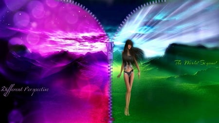 Different Perspective ~ The World Beyond - Woman, Colors, Fantasy, World, Landscape, Beyond