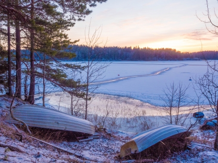 Winter Lake - trees, boats, snow, landscape