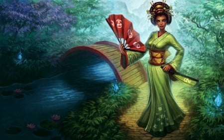 Tea Bridge - woman, tea, japanese, bridge, fantasy