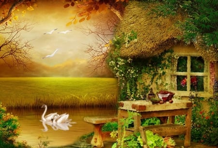 Enchanted House - swans, golden, enchanted, home