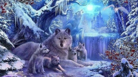 Winter Wolves - wolves, castle, snow, wimter, pups