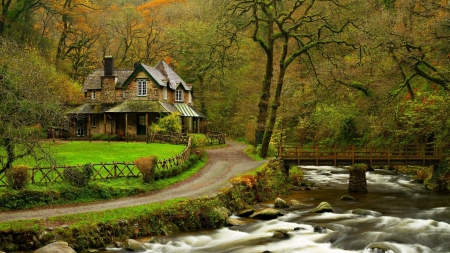 House by the riverside - lakes, forest, river, house, bridge