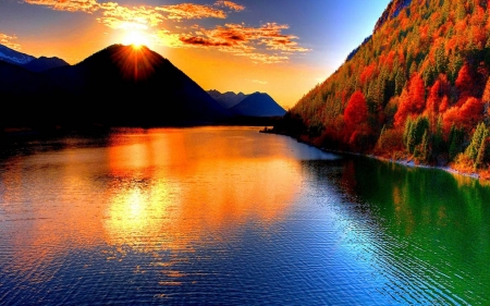 Beautiful Sunset - sunset, nature, lake, mountain, sky