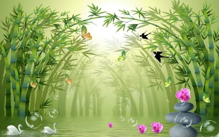 Green Art - butterfly, flowers, vector, art, green