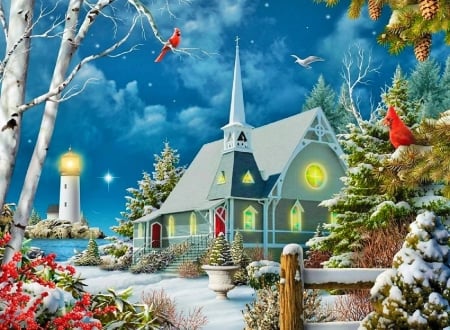 Church by The Seashore - fence, lighthouse, winter, colorful, painting, church, snow, splendor, birds