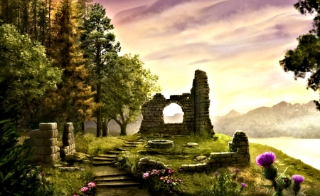 Highland Ruin - art, highland, flower, ruin