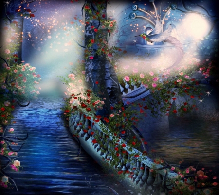 Staircase with pink and red roses - bird, water, colibri, blue, flower, pink, fantasy, staircase, red, rose, luminos