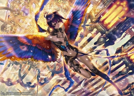 Angel - anime, blue, girl, feather, angel, orange, midori foo, colorful, manga, fantasy, wings, luminos