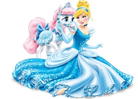 Cinderella and Bibbidy - pony, blue, girl, blonde, pink, horse, white, palace pets, cinderella, cute, princess, bibbidy, disney