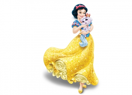 Snow White and Honeycake - princess, honeycake, cat, girl, palace pets, fantasy, white, yellow, blue, snow white, disney