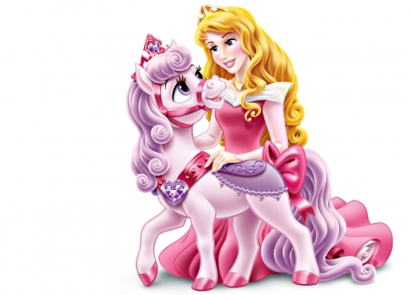 Aurora and Bloom - pony, girl, blonde, pink, horse, bloom, fantasy, aurora, white, palace pets, cute, princess, disney