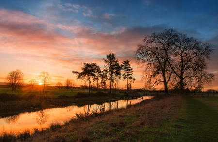 Riverside Sunset - sky, water, reflection, clouds, trees