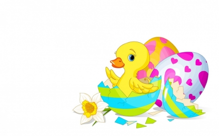 Happy Easter! - flower, child, pink, cute, spring, egg, yellow, blue, easter, white, card, duckling