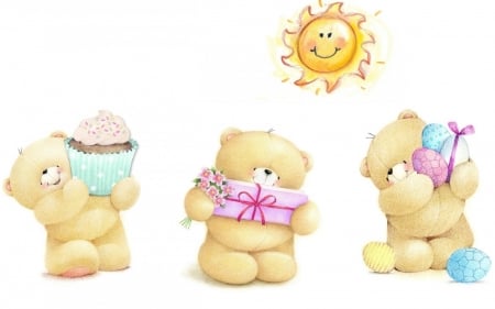 Happy Easter! - cupcake, yellow, blue, pink, easter, teddy bear, gift, egg, card, sun