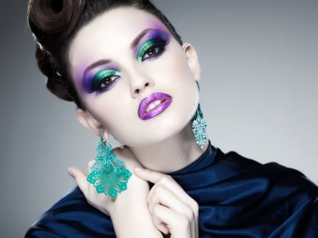 Beauty - face, make-up, purple, model, jewel, girl, blue, hand, woman, green