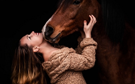 Kiss - girl, horse, black, animal, funny, woman, model, cute, kiss