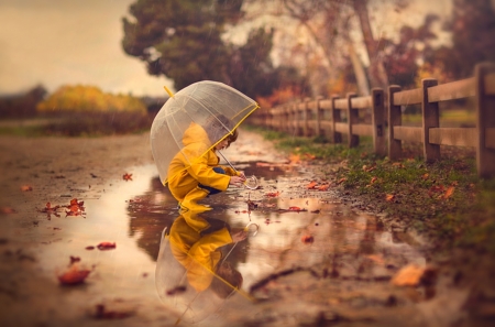 Wet Leaves - nature, autumn, rain, umbrella, boy, leaves