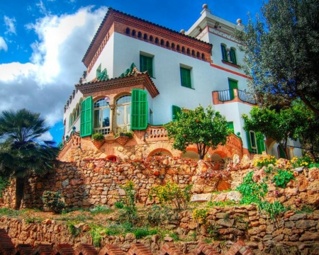 Beautiful House - garden, wall, house, rocks