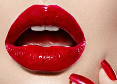 Red - woman, face, mouth, lips, lipstick, red, nails