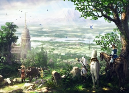 Way home - makkou4, people, fantasy, way home, art, horse, anime, green, manga