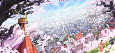 A spring day - anime, girl, spring, city, children, flower, pink, child, manga, fantasy, red, princess, makkou4, art