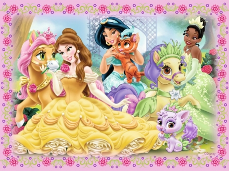 Disney princesses - yellow, dress, pink, animal, princess, pony, jasmine, tiana, girl, tiger, cat, fantasy, palace pets, belle, green, cute, disney