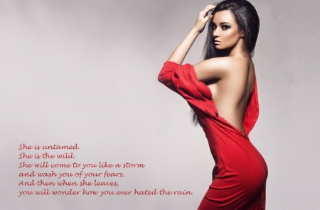 She - woman, red, model, dress, beauty, words