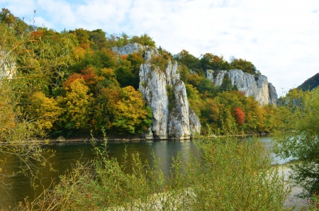 Riverside - autumn, trees, reflection, cliff, rocks