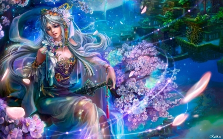 Cherry Blossom Queen - beauty, fantasy, queen, pretty, digital art, anime, blossom, colors, flowers