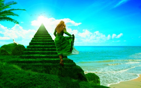 hopeful dreams - beach, girl, stairs, grass