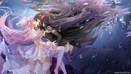 Mahou Shoujo Madoka Magica - Kissing, Girls, Mahou Shoujo Madoka Magica, Anime, Kaname Madoka, Sea, Akuma Homura