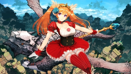 Original Characters - bow and arrow, girl, animal ears, twintails, hair ornament, staff, forest, orange hair, dragon, anime, original characters, dress