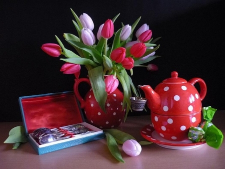 Still life - tea cup, tulips, flowers, still life, vase