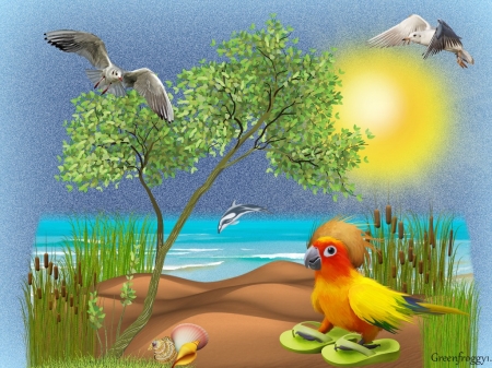 AT THE BEACH - IMAGE, BIRDS, TREE, SHELLS