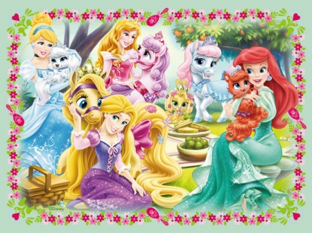 Disney princesses - ariel, princess, redhead, girl, rapunzel, palace pets, aurora, fantasy, pink, blue, cinderella, disney, animal, green, cute