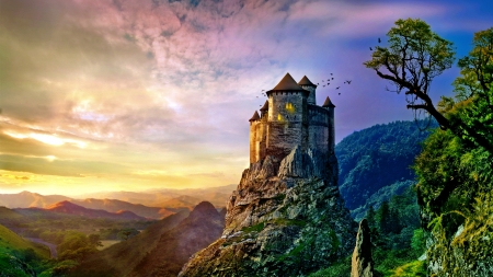 Mountain castle - sky, clouds, beautiful, hills, majestic, castle, mountain