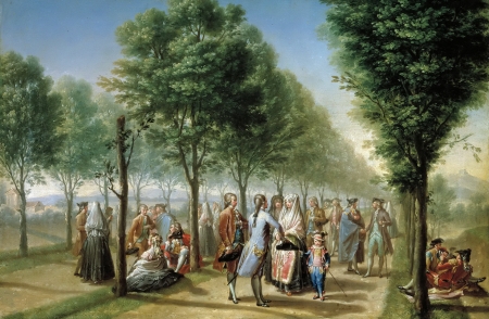 A Stroll in the Madrid Park - pictura, people, Francisco Bayeu and Subias, green, painting, a Stroll in the Madrid Park, art, tree