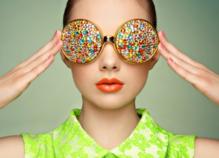 Funny glasses - girl, orange, colorful, lips, glasses, hand, green, woman, model