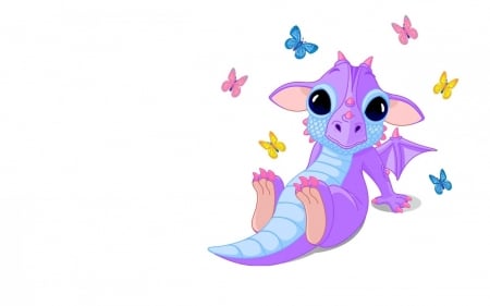 Baby dragon - child, purple, pink, cute, baby, blue, wings, white, card, butterfly, dragon