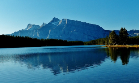 Two Jack Lake, Banff NP, Alberta, Canada - sky, sunshine, trees, mountain, reflection