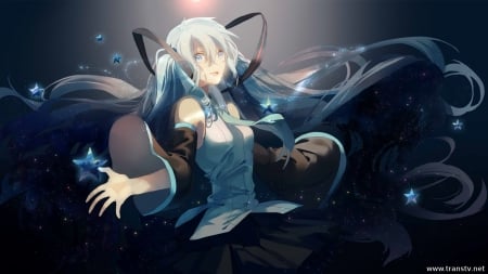 Hatsune Miku - long hair, vocaloid, anime, girl, twintails, stars, hatsune miku