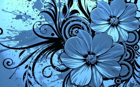 Black-n- Blue - vector, flowers, black, blue