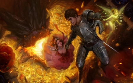 The saviour - girl, guy, pink, orange, man, knight, armor, fantasy, dragon, fire, fairy, saviour, couple