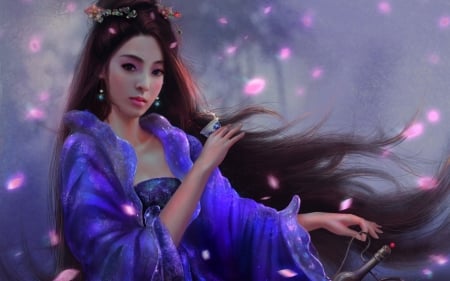 Fantasy girl - beauty, woman, girl, tea, frumusete, asian, fantasy, spring, cup, teapot, pink, luminos, petals, blue