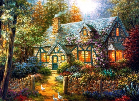 Cozy Home - geese, house, trees, artwork, path, countryside, painting, garden, cottage