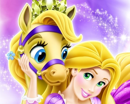 Blondie and Rapunzel - pony, rapunzel, blondie, yellow, girl, blonde, pink, horse, fantasy, palace pets, princess, disney