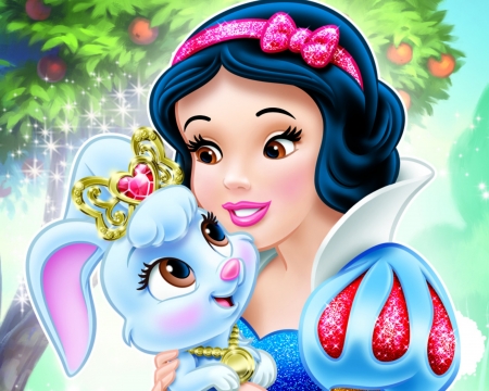 Berry and Snow White - rabbit, blue, girl, berry, pink, bunny, fantasy, animal, palace pets, snow white, cute, princess, disney